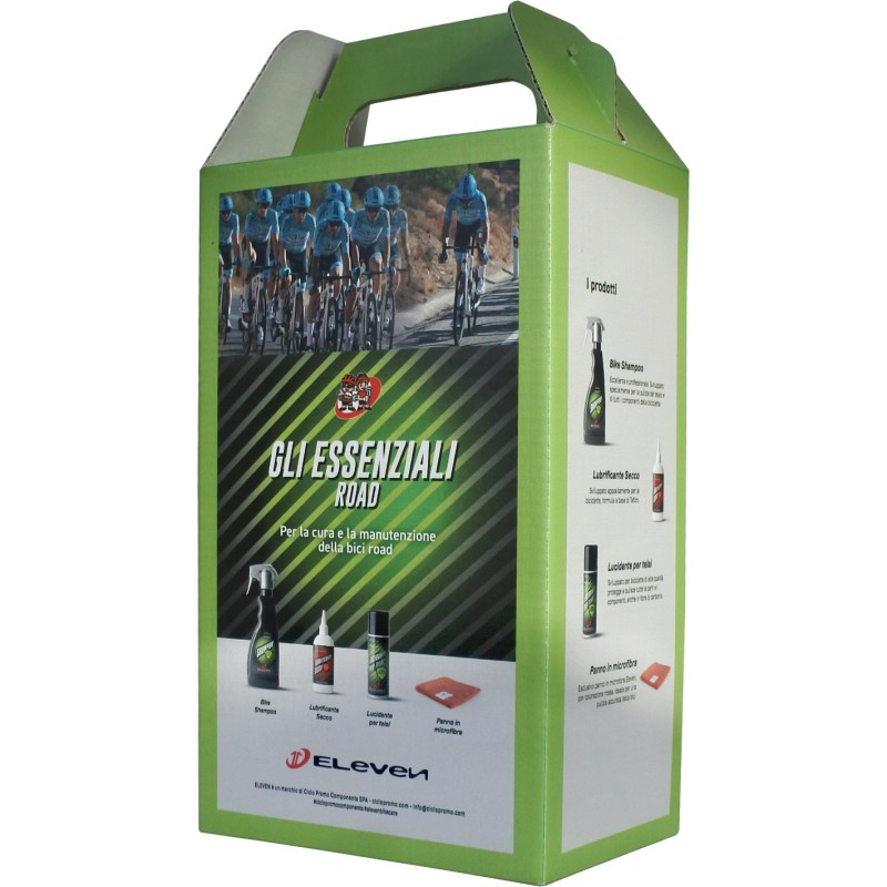 Eleven Kit "GLI ESSENZIALI ROAD" - prodotti per cura e manutenzione bici con opuscolo illustrativo