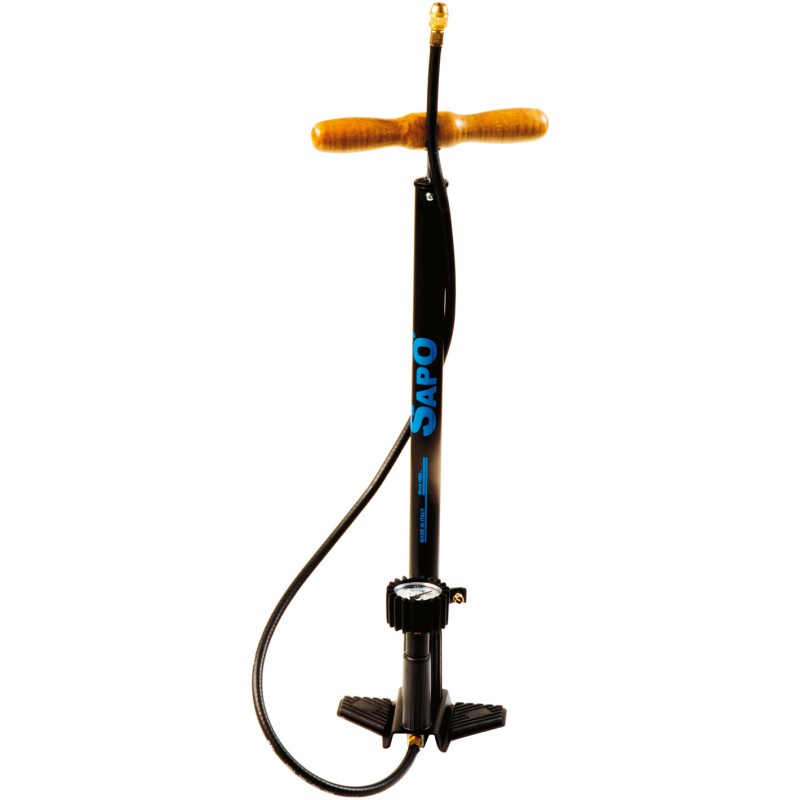 Sapo OK PLUS floor pump with tank pressure gauge and matt black rubber protection w/grip. Wood Color 12 bar / 180 psi