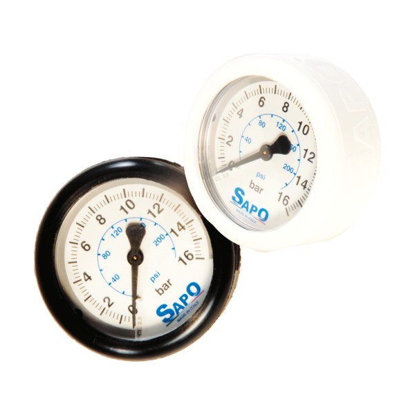 Sapo 63mm diameter pressure gauge with double bar/psi scale and black rubber guard 16 bar / 232 psi