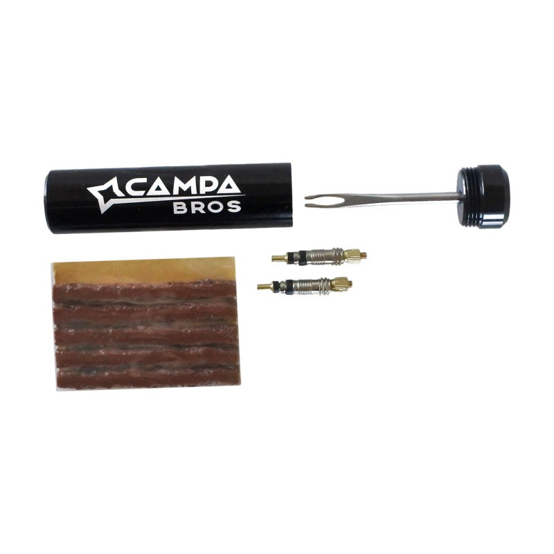 Campa Bros Kit ripara Tubeless con utensili 5 tappi 1,5x50mm e 2 anime valvola Presta