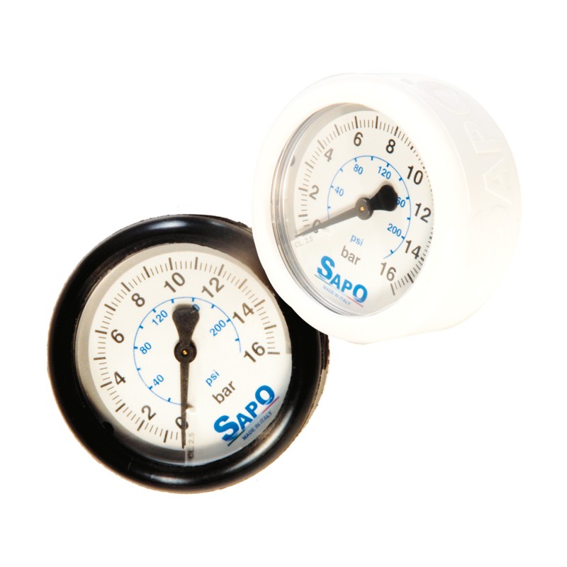 Sapo Manometro diametro 63mm con doppia scala bar/psi e protezione in gomma nera 16 bar / 232 psi